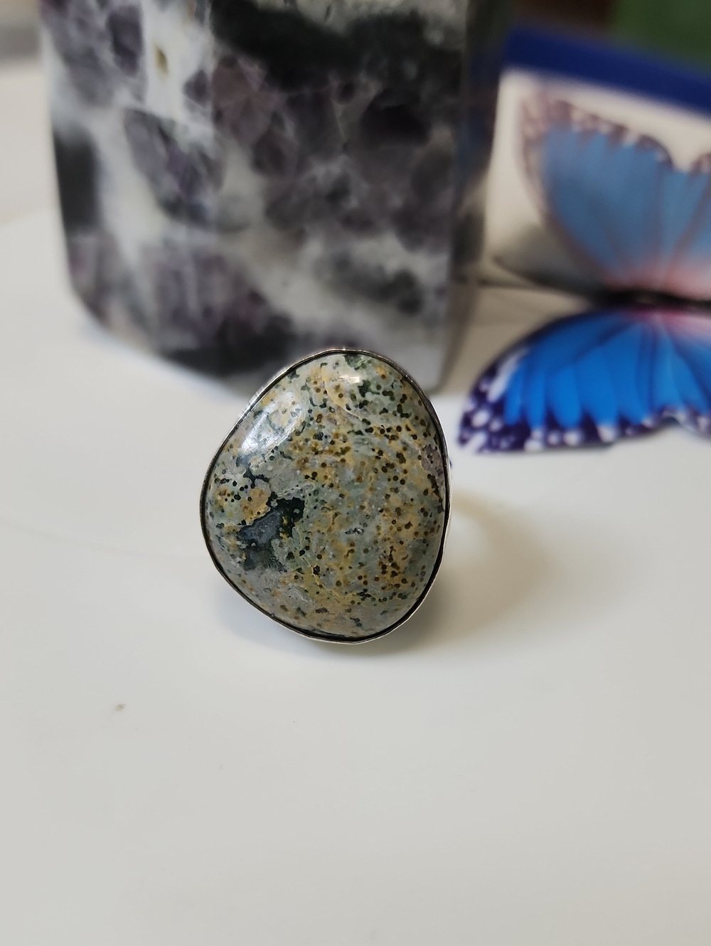 Handcrafted Ocean Jasper Statement Ring in Green and Cream